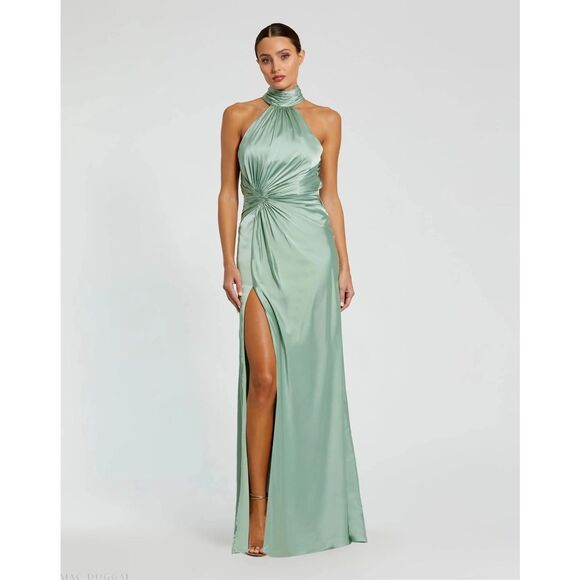 IEENA FOR MAC DUGGAL Green Open Back High Neck Side Ruched Gown US 4 $398 - Picture 1 of 11